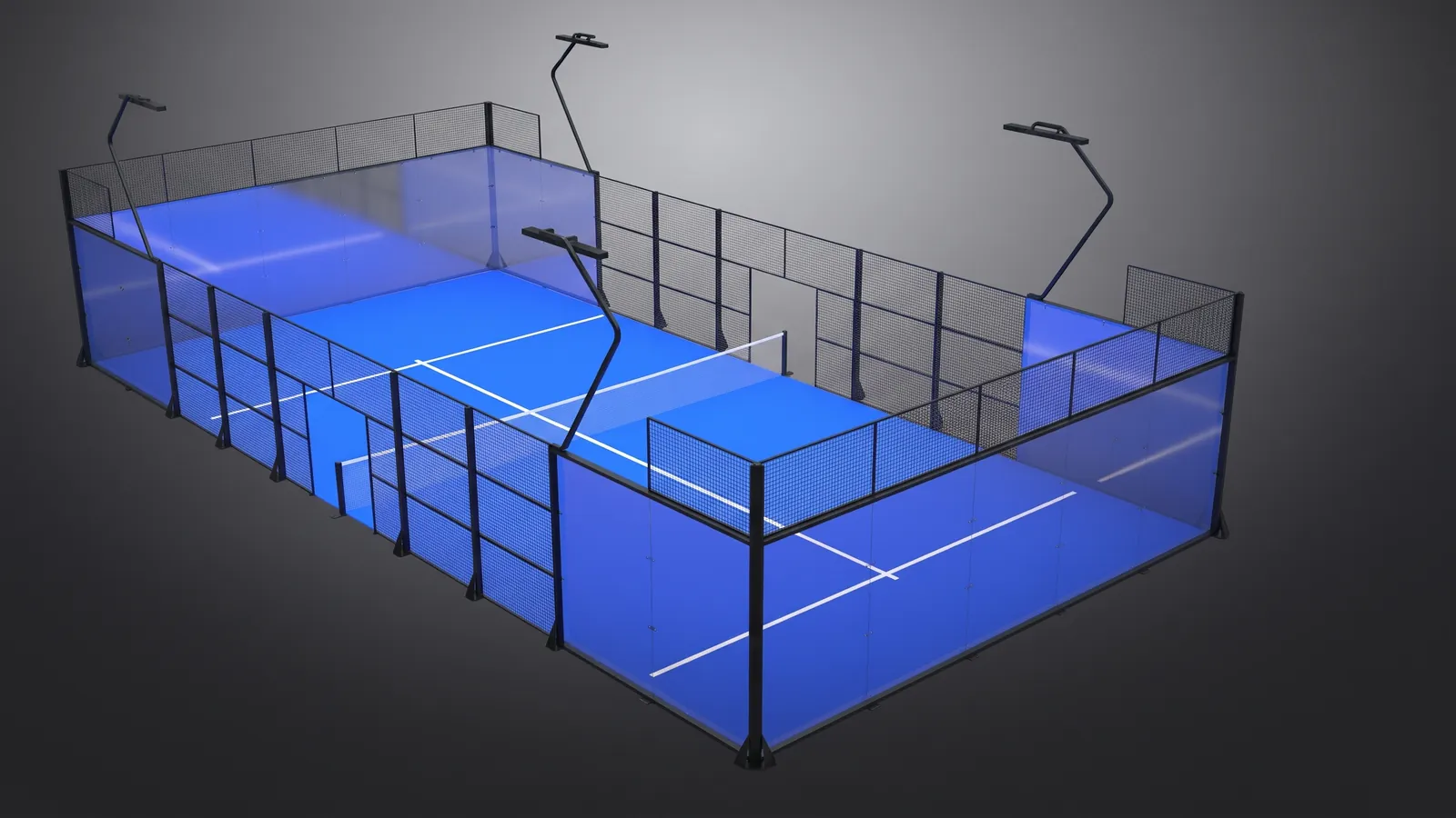 Padel court with blue turf and a black frame
