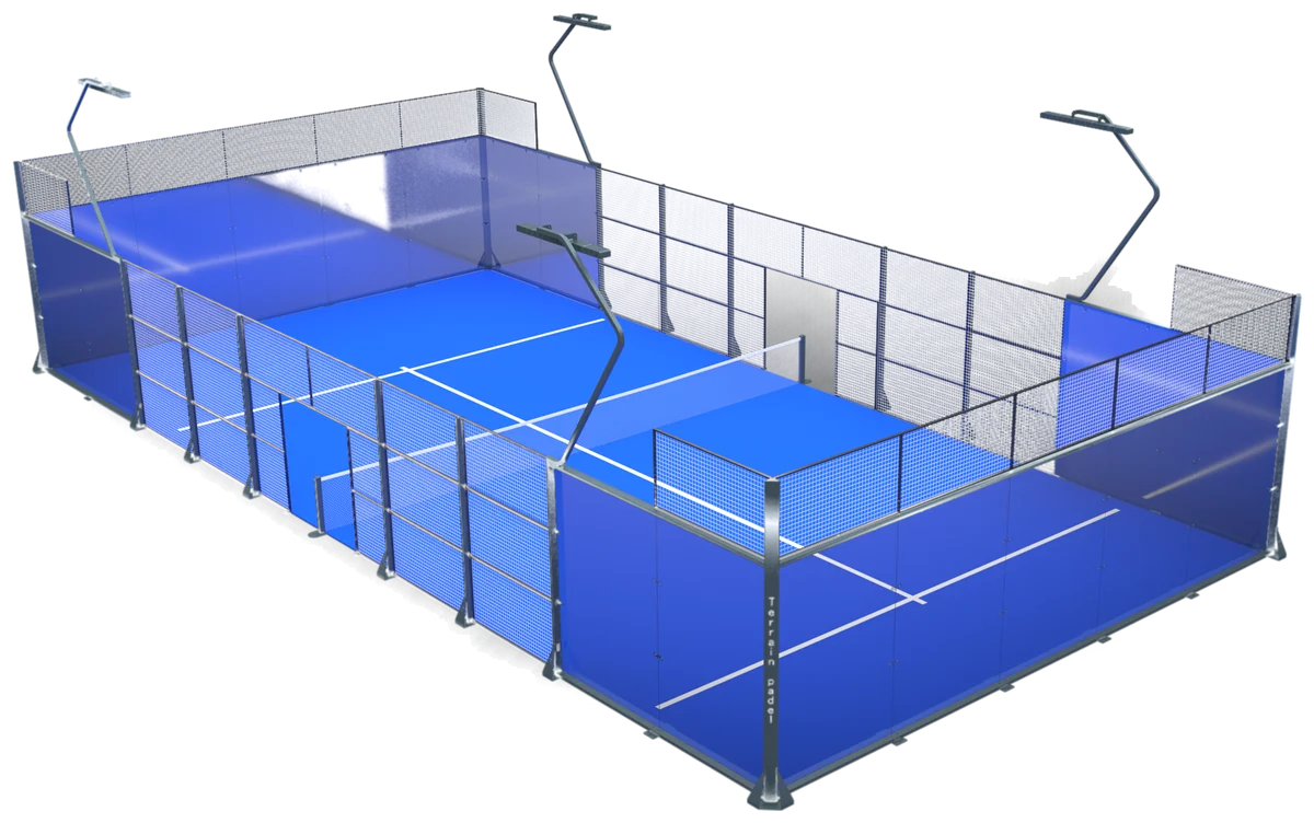 Gladius panoramic padel court with glass walls and LED floodlights