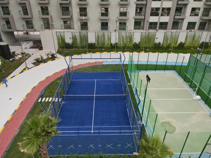 Blue padel court in a Dubai residential community